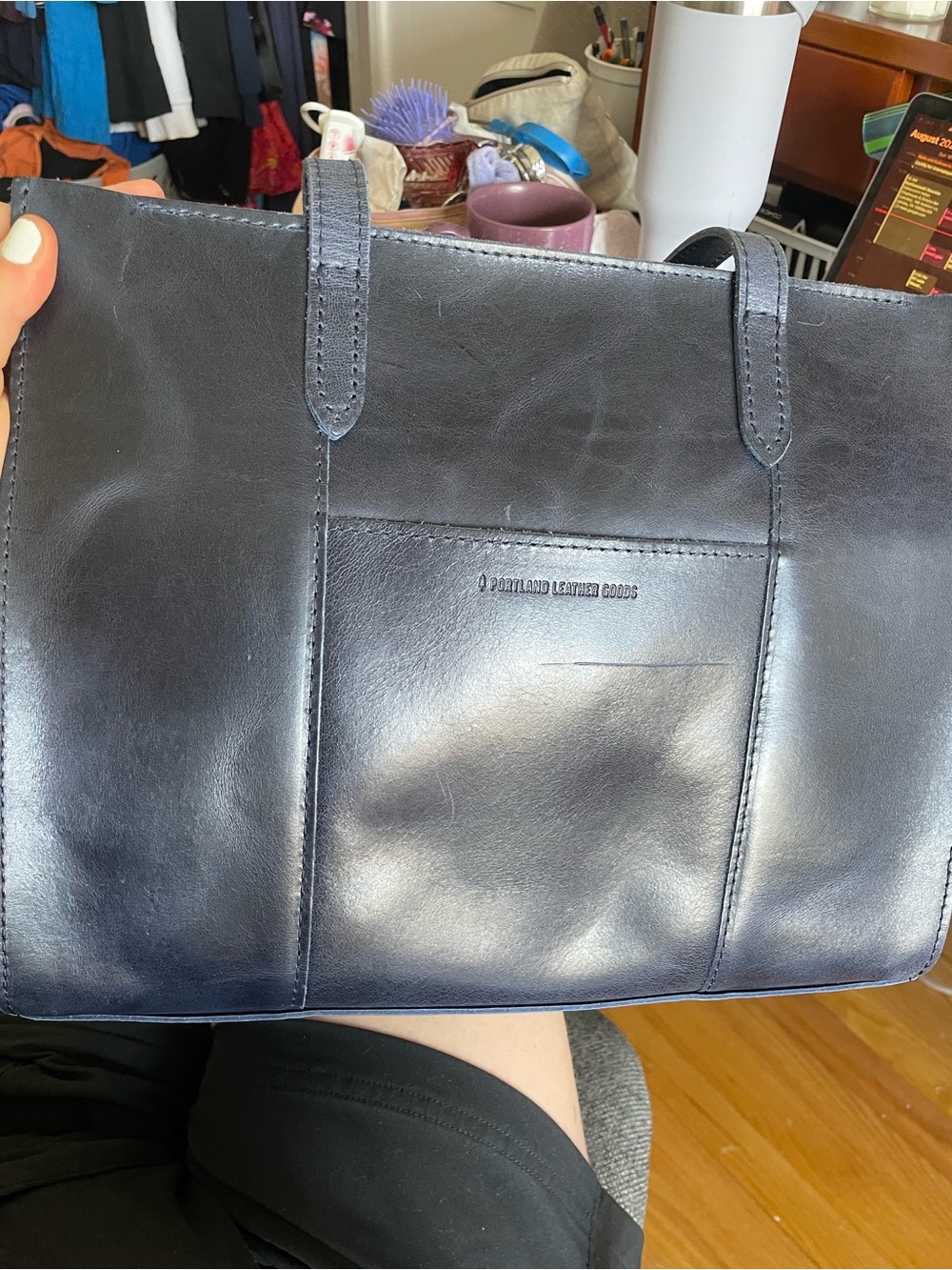 Portland Leather Cowboy Blue Large Lola Zipper Crossbody Tote East/West + strap